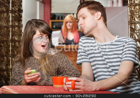 To use this stock image in your creative project, please select the size you need over to the right and click the "Add to Cart" button.
Your downloaded image will come with the Cutcaster watermark removed so don’t worry about the watermark you see on this page. Woman Hiding Something on Phone stock photo, Woman holding phone as boyfriend looks over in cafe by Scott Griessel