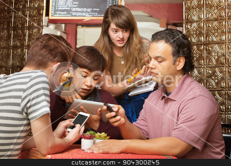 To use this stock image in your creative project, please select the size you need over to the right and click the "Add to Cart" button.
Your downloaded image will come with the Cutcaster watermark removed so don’t worry about the watermark you see on this page. Annoyed Server with Distracted Customers stock photo, Annoyed cafe hostess annoyed with distracted customers by Scott Griessel