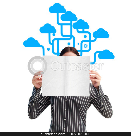 To use this stock image in your creative project, please select the size you need over to the right and click the "Add to Cart" button.
Your downloaded image will come with the Cutcaster watermark removed so don’t worry about the watermark you see on this page. Composite image of businesswoman showing a white card in front o stock photo, Businesswoman showing a white card in front of her face against cloud computing by Wavebreak Media