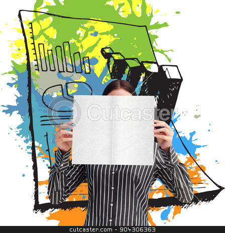 To use this stock image in your creative project, please select the size you need over to the right and click the "Add to Cart" button.
Your downloaded image will come with the Cutcaster watermark removed so don’t worry about the watermark you see on this page. Composite image of businesswoman showing a white card in front o stock photo, Businesswoman showing a white card in front of her face against data on paint splashes by Wavebreak Media