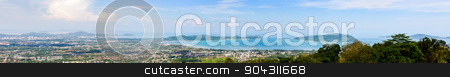 To use this stock image in your creative project, please select the size you need over to the right and click the "Add to Cart" button.
Your downloaded image will come with the Cutcaster watermark removed so don’t worry about the watermark you see on this page. Panorama city and sea of Phuket Province stock photo, High angle view beautiful panorama landscape of Ao Chalong bay and city sea side in Phuket Province, Thailand by Yongkiet