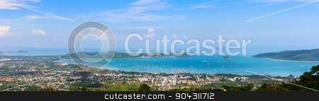 To use this stock image in your creative project, please select the size you need over to the right and click the "Add to Cart" button.
Your downloaded image will come with the Cutcaster watermark removed so don’t worry about the watermark you see on this page. Panorama city and sea of Phuket Province stock photo, High angle view beautiful panorama landscape of Ao Chalong bay and city sea side in Phuket Province, Thailand by Yongkiet