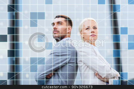 To use this stock image in your creative project, please select the size you need over to the right and click the "Add to Cart" button.
Your downloaded image will come with the Cutcaster watermark removed so don’t worry about the watermark you see on this page. businessman and businesswoman outdoors stock photo, business, partnership, success and people concept - businessman and businesswoman standing over office building and grid background by Syda Productions