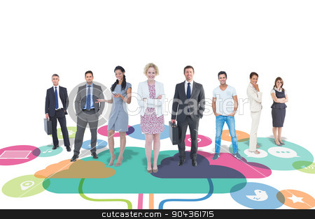 To use this stock image in your creative project, please select the size you need over to the right and click the "Add to Cart" button.
Your downloaded image will come with the Cutcaster watermark removed so don’t worry about the watermark you see on this page. Composite image of business team stock photo, Business team against apps and cloud computing concept by Wavebreak Media