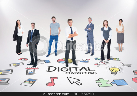 To use this stock image in your creative project, please select the size you need over to the right and click the "Add to Cart" button.
Your downloaded image will come with the Cutcaster watermark removed so don’t worry about the watermark you see on this page. Composite image of business team stock photo, Business team against digital marketing by Wavebreak Media