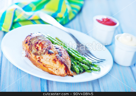 To use this stock image in your creative project, please select the size you need over to the right and click the "Add to Cart" button.
Your downloaded image will come with the Cutcaster watermark removed so don’t worry about the watermark you see on this page. chicken with asparagus stock photo, fried chicken and asparagus on the white plate by tycoon