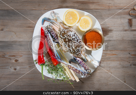 To use this stock image in your creative project, please select the size you need over to the right and click the "Add to Cart" button.
Your downloaded image will come with the Cutcaster watermark removed so don’t worry about the watermark you see on this page. Raw blue crab and ingredients on plate stock photo, Above view raw blue crab and ingredients ready to cook, on white plate. by szefei