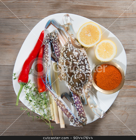 To use this stock image in your creative project, please select the size you need over to the right and click the "Add to Cart" button.
Your downloaded image will come with the Cutcaster watermark removed so don’t worry about the watermark you see on this page. Raw blue crab and ingredients ready to cook stock photo, Top view raw blue crab and ingredients ready to cook, on white plate. by szefei