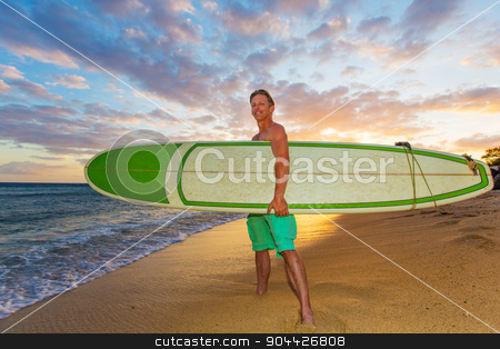 To use this stock image in your creative project, please select the size you need over to the right and click the "Add to Cart" button.
Your downloaded image will come with the Cutcaster watermark removed so don’t worry about the watermark you see on this page. Upbeat Surfer at Sunset stock photo, Athletic upbeat adult holding his surfboard on beach at sunset by Scott Griessel