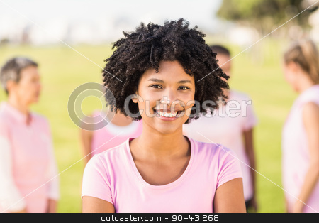 To use this stock image in your creative project, please select the size you need over to the right and click the "Add to Cart" button.
Your downloaded image will come with the Cutcaster watermark removed so don’t worry about the watermark you see on this page. Smiling young woman wearing pink for breast cancer in front of f stock photo, Portrait of smiling young woman wearing pink for breast cancer in front of friends in parkland by Wavebreak Media