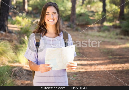 To use this stock image in your creative project, please select the size you need over to the right and click the "Add to Cart" button.
Your downloaded image will come with the Cutcaster watermark removed so don’t worry about the watermark you see on this page. Pretty brunette hiker with map smiling stock photo, Portrait of pretty brunette hiker with map smiling in the nature by Wavebreak Media