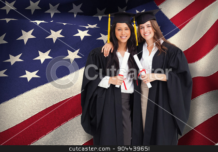 To use this stock image in your creative project, please select the size you need over to the right and click the "Add to Cart" button.
Your downloaded image will come with the Cutcaster watermark removed so don’t worry about the watermark you see on this page. Composite image of two women embracing each other after they gra stock photo, Two women embracing each other after they graduated from university against digitally generated american national flag by Wavebreak Media