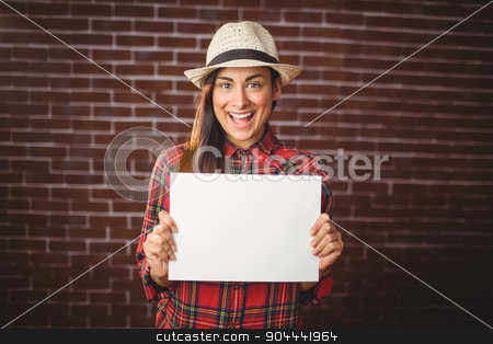 To use this stock image in your creative project, please select the size you need over to the right and click the "Add to Cart" button.
Your downloaded image will come with the Cutcaster watermark removed so don’t worry about the watermark you see on this page. Beautiful hipster showing white card stock photo, Beautiful hipster showing white card on red brick background by Wavebreak Media
