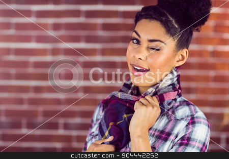 To use this stock image in your creative project, please select the size you need over to the right and click the "Add to Cart" button.
Your downloaded image will come with the Cutcaster watermark removed so don’t worry about the watermark you see on this page. Portrait of beautiful smiling hipster winking stock photo, Portrait of beautiful smiling hipster winking against a red brick wall by Wavebreak Media