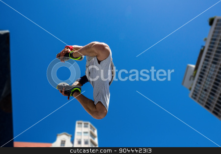 To use this stock image in your creative project, please select the size you need over to the right and click the "Add to Cart" button.
Your downloaded image will come with the Cutcaster watermark removed so don’t worry about the watermark you see on this page. Extreme athlete jumping in the air in front of a building stock photo, Extreme athlete jumping in the air in front of a building in the city by Wavebreak Media