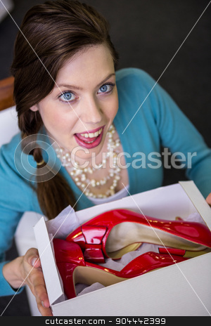 To use this stock image in your creative project, please select the size you need over to the right and click the "Add to Cart" button.
Your downloaded image will come with the Cutcaster watermark removed so don’t worry about the watermark you see on this page. Woman showing box with red shoes stock photo, Woman showing box with red shoes in fashion boutique by Wavebreak Media