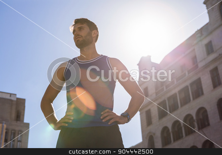 To use this stock image in your creative project, please select the size you need over to the right and click the "Add to Cart" button.
Your downloaded image will come with the Cutcaster watermark removed so don’t worry about the watermark you see on this page. Handsome athlete with hands on hips stock photo, Handsome athlete with hands on hips in the city by Wavebreak Media