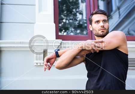 To use this stock image in your creative project, please select the size you need over to the right and click the "Add to Cart" button.
Your downloaded image will come with the Cutcaster watermark removed so don’t worry about the watermark you see on this page. Handsome athlete stretching his arm stock photo, Handsome athlete stretching his arm in the city by Wavebreak Media