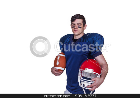 To use this stock image in your creative project, please select the size you need over to the right and click the "Add to Cart" button.
Your downloaded image will come with the Cutcaster watermark removed so don’t worry about the watermark you see on this page. American football player holding a ball and helmet stock photo, American football player holding a ball and helmet on a white background by Wavebreak Media