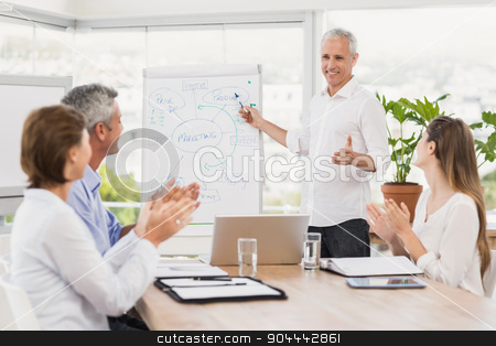 To use this stock image in your creative project, please select the size you need over to the right and click the "Add to Cart" button.
Your downloaded image will come with the Cutcaster watermark removed so don’t worry about the watermark you see on this page. Businessman conducting presentation to colleagues stock photo, Businessman conducting presentation to colleagues in the office by Wavebreak Media