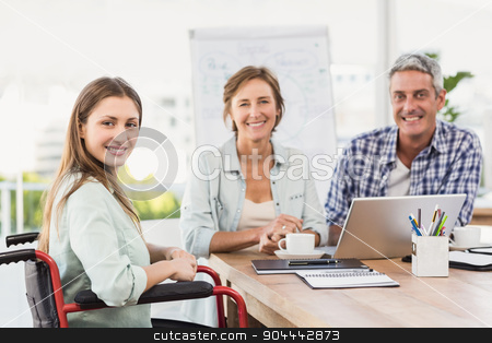 To use this stock image in your creative project, please select the size you need over to the right and click the "Add to Cart" button.
Your downloaded image will come with the Cutcaster watermark removed so don’t worry about the watermark you see on this page. Casual businesswoman in wheelchair with colleagues stock photo, Portrait of casual businesswoman in wheelchair with colleagues in the office by Wavebreak Media