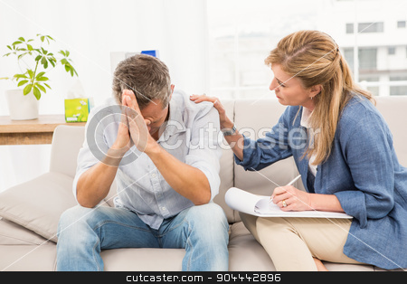 To use this stock image in your creative project, please select the size you need over to the right and click the "Add to Cart" button.
Your downloaded image will come with the Cutcaster watermark removed so don’t worry about the watermark you see on this page. Concerned therapist comforting male patient stock photo, Concerned therapist comforting male patient in the office by Wavebreak Media