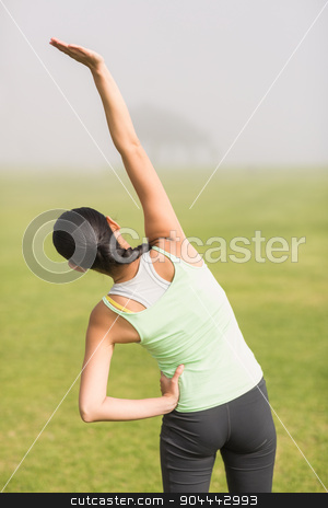 To use this stock image in your creative project, please select the size you need over to the right and click the "Add to Cart" button.
Your downloaded image will come with the Cutcaster watermark removed so don’t worry about the watermark you see on this page. Rear view of sporty woman stretching arms stock photo, Rear view of sporty woman stretching arms in parkland by Wavebreak Media