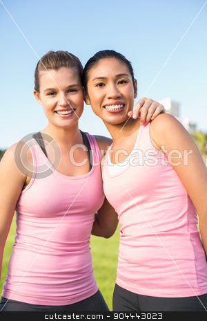 To use this stock image in your creative project, please select the size you need over to the right and click the "Add to Cart" button.
Your downloaded image will come with the Cutcaster watermark removed so don’t worry about the watermark you see on this page. Two smiling women wearing pink for breast cancer stock photo, Portrait of two smiling women wearing pink for breast cancer in parkland by Wavebreak Media