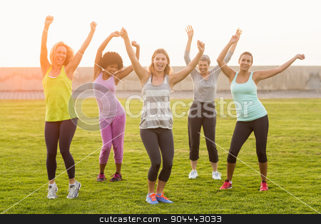 To use this stock image in your creative project, please select the size you need over to the right and click the "Add to Cart" button.
Your downloaded image will come with the Cutcaster watermark removed so don’t worry about the watermark you see on this page. Happy sporty women dancing during fitness class stock photo, Portrait of happy sporty women dancing during fitness class in parkland by Wavebreak Media