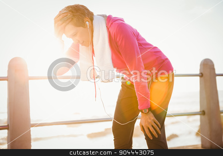 To use this stock image in your creative project, please select the size you need over to the right and click the "Add to Cart" button.
Your downloaded image will come with the Cutcaster watermark removed so don’t worry about the watermark you see on this page. Tired sporty woman listening to music and resting stock photo, Tired sporty woman listening to music and resting at promenade by Wavebreak Media