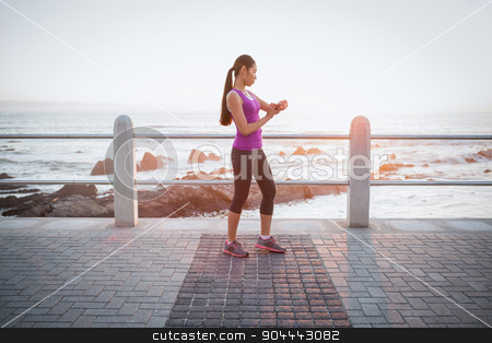To use this stock image in your creative project, please select the size you need over to the right and click the "Add to Cart" button.
Your downloaded image will come with the Cutcaster watermark removed so don’t worry about the watermark you see on this page. Fit woman checking smart watch at promenade stock photo, Fit woman checking smart watch at promenade on a sunny day by Wavebreak Media