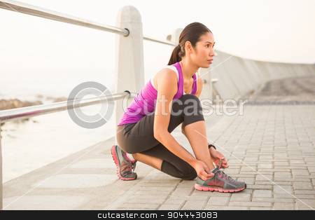 To use this stock image in your creative project, please select the size you need over to the right and click the "Add to Cart" button.
Your downloaded image will come with the Cutcaster watermark removed so don’t worry about the watermark you see on this page. Fit woman tying shoelace at promenade stock photo, Fit woman tying shoelace at promenade on a sunny day by Wavebreak Media