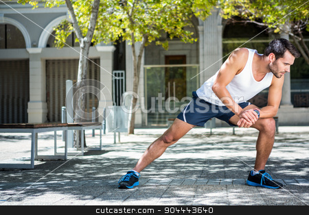 To use this stock image in your creative project, please select the size you need over to the right and click the "Add to Cart" button.
Your downloaded image will come with the Cutcaster watermark removed so don’t worry about the watermark you see on this page. Handsome athlete stretching his leg stock photo, Handsome athlete stretching his leg in the city by Wavebreak Media