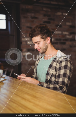 To use this stock image in your creative project, please select the size you need over to the right and click the "Add to Cart" button.
Your downloaded image will come with the Cutcaster watermark removed so don’t worry about the watermark you see on this page. Smiling hipster sitting and texting stock photo, Smiling hipster sitting and texting at coffee shop by Wavebreak Media