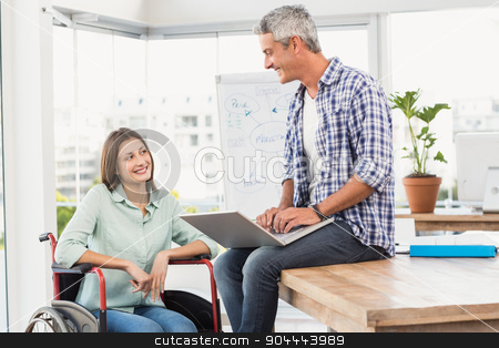 To use this stock image in your creative project, please select the size you need over to the right and click the "Add to Cart" button.
Your downloaded image will come with the Cutcaster watermark removed so don’t worry about the watermark you see on this page. Casual businesswoman in wheelchair talking with colleague stock photo, Casual businesswoman in wheelchair talking with colleague in the office by Wavebreak Media