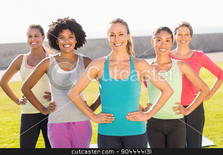 To use this stock image in your creative project, please select the size you need over to the right and click the "Add to Cart" button.
Your downloaded image will come with the Cutcaster watermark removed so don’t worry about the watermark you see on this page. Smiling sporty women with hands on hips stock photo, Portrait of smiling sporty women with hands on hips in parkland by Wavebreak Media