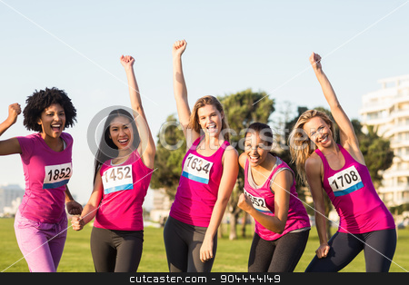 To use this stock image in your creative project, please select the size you need over to the right and click the "Add to Cart" button.
Your downloaded image will come with the Cutcaster watermark removed so don’t worry about the watermark you see on this page. Cheering women supporting breast cancer marathon stock photo, Portrait of cheering women supporting breast cancer marathon in parkland by Wavebreak Media