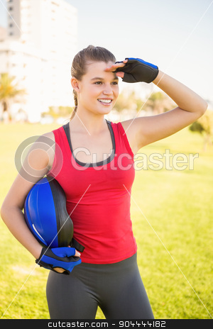 To use this stock image in your creative project, please select the size you need over to the right and click the "Add to Cart" button.
Your downloaded image will come with the Cutcaster watermark removed so don’t worry about the watermark you see on this page. Smiling sporty blonde holding helmet stock photo, Smiling sporty blonde holding helmet at promenade by Wavebreak Media
