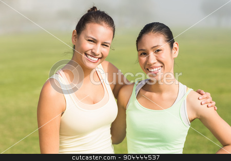 To use this stock image in your creative project, please select the size you need over to the right and click the "Add to Cart" button.
Your downloaded image will come with the Cutcaster watermark removed so don’t worry about the watermark you see on this page. Smiling sporty women with arms around each other stock photo, Portrait of smiling sporty women with arms around each other in parkland by Wavebreak Media