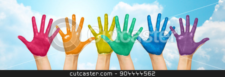 To use this stock image in your creative project, please select the size you need over to the right and click the "Add to Cart" button.
Your downloaded image will come with the Cutcaster watermark removed so don’t worry about the watermark you see on this page. palms of human hands painted in rainbow colors stock photo, people, gay pride, creativity and art concept - palms of human hands painted in rainbow colors over blue sky and clouds background by Syda Productions