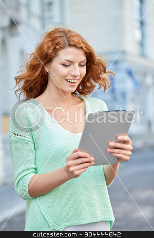 To use this stock image in your creative project, please select the size you need over to the right and click the "Add to Cart" button.
Your downloaded image will come with the Cutcaster watermark removed so don’t worry about the watermark you see on this page. smiling teenage girl with tablet pc on city street stock photo, tourism, travel, leisure, people and technology concept - smiling redhead teenage girl or young woman with tablet pc on city street by Syda Productions