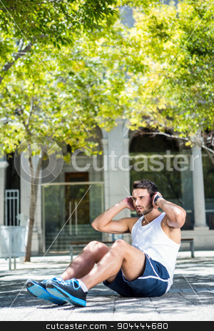 To use this stock image in your creative project, please select the size you need over to the right and click the "Add to Cart" button.
Your downloaded image will come with the Cutcaster watermark removed so don’t worry about the watermark you see on this page. Handsome athlete doing sit ups stock photo, Handsome athlete doing sit ups in the city by Wavebreak Media