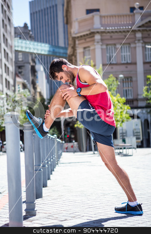 To use this stock image in your creative project, please select the size you need over to the right and click the "Add to Cart" button.
Your downloaded image will come with the Cutcaster watermark removed so don’t worry about the watermark you see on this page. Handsome athlete doing leg stretching on a stake stock photo, Handsome athlete doing leg stretching on a stake on a sunny day by Wavebreak Media