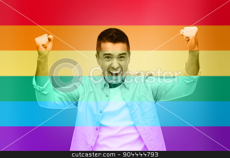 To use this stock image in your creative project, please select the size you need over to the right and click the "Add to Cart" button.
Your downloaded image will come with the Cutcaster watermark removed so don’t worry about the watermark you see on this page. angry man with raised hands over rainbow flag stock photo, gesture, emotions, homophobia and people concept - angry gay man with raised hands over rainbow flag stripes background by Syda Productions