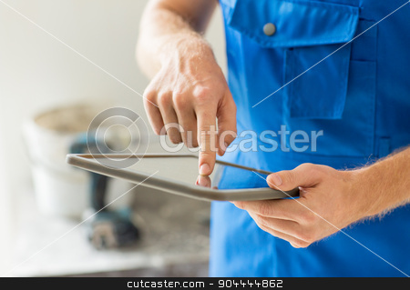 To use this stock image in your creative project, please select the size you need over to the right and click the "Add to Cart" button.
Your downloaded image will come with the Cutcaster watermark removed so don’t worry about the watermark you see on this page. close up of builder or workman with tablet pc stock photo, building, renovation, technology and people concept - close up of builder or workman hands with tablet pc computer by Syda Productions