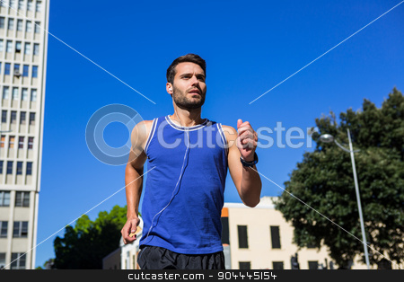 To use this stock image in your creative project, please select the size you need over to the right and click the "Add to Cart" button.
Your downloaded image will come with the Cutcaster watermark removed so don’t worry about the watermark you see on this page. Handsome athlete jogging against blue sky stock photo, Handsome athlete jogging against blue sky in the city by Wavebreak Media