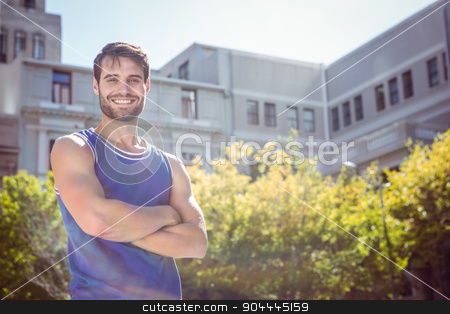 To use this stock image in your creative project, please select the size you need over to the right and click the "Add to Cart" button.
Your downloaded image will come with the Cutcaster watermark removed so don’t worry about the watermark you see on this page. Smiling handsome athlete with arms crossed stock photo, Portrait of smiling handsome athlete with arms crossed in the city by Wavebreak Media