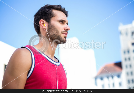 To use this stock image in your creative project, please select the size you need over to the right and click the "Add to Cart" button.
Your downloaded image will come with the Cutcaster watermark removed so don’t worry about the watermark you see on this page. Serious handsome athlete listening to music stock photo, Serious handsome athlete listening to music on a sunny day by Wavebreak Media