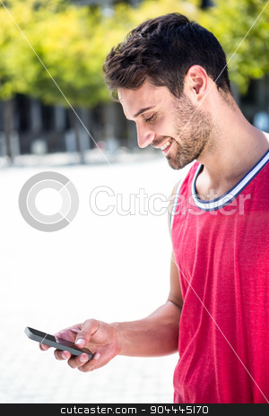 To use this stock image in your creative project, please select the size you need over to the right and click the "Add to Cart" button.
Your downloaded image will come with the Cutcaster watermark removed so don’t worry about the watermark you see on this page. Smiling handsome athlete sending a text stock photo, Smiling handsome athlete sending a text on a sunny day by Wavebreak Media