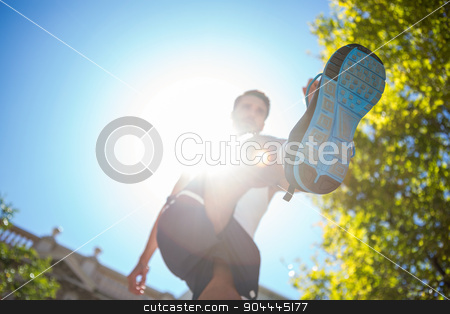 To use this stock image in your creative project, please select the size you need over to the right and click the "Add to Cart" button.
Your downloaded image will come with the Cutcaster watermark removed so don’t worry about the watermark you see on this page. Handsome athlete running in the street stock photo, Low angle view of an athlete running in the street on a sunny day by Wavebreak Media
